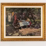 Kobyletska Poliana, 1891 - Uzhgorod, 1975 / Nel giardino / Firmato Bokshay e datato 944 in basso a destra by Joseph Josephovich Bokshay, oil on cardboard applicato on panel, offered Oct 2021