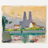 Vesele, 1904 - Kiev, 1997 / Paesaggio con case by Mykhaylo Gordyevich Deregus, oil on cardboard, offered Oct 2021