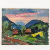 Uzhgorod, 1911 - 1987 / Villaggio di montagna / Firmato A Kostska in basso a destra by Andrey Andreevich Kotska, oil on cartoncino applicato on canvas, offered Oct 2021