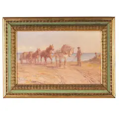 Alessandro Viazzi, Alessandria 1872 - Genova 1956 / Cavalli sulla spiaggia / Firmato A Viazzi in basso a sinistra, oil on panel