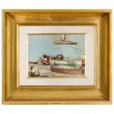Evasio Montanella, Pra', 1878 - 1940 / Marina con barche e pescatore / Firmato E Montanella e datato 1926 in basso a destra, oil on panel