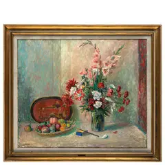 Emanuele Rambaldi, Pieve di Teco, 1903 - Savona, 1968 / Natura morta con vaso di fiori e frutta / Firmato E Rambaldi in basso a sinistra, oil on canvas