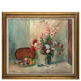 Emanuele Rambaldi, Pieve di Teco, 1903 - Savona, 1968 / Natura morta con vaso di fiori e frutta / Firmato E Rambaldi in basso a sinistra, oil on canvas