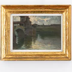 Romeo Borgognoni, Ravenna 1875 - Pavia 1944 / Ponte coperto sul Ticino a Pavia / Firmato R Borgognoni in basso a destra, oil on cartoncino