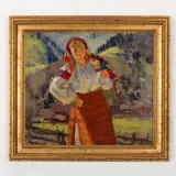 Uzhgorod, 1911 - 1987 / Paesaggio con giovane contadina / Firmato A Kotska e datato 1961 in basso a destra by Andrey Andreevich Kotska, oil on cardboard, offered Jul 2022