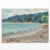 Sergey Ivanovich Grosh, Brazhyntsi, 1911 - Kiev, 1990 / In spiaggia / Firmato Grosh e datato 61 in basso a destra, oil on cardboard applicato on compensato
