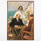 Velyka Rogozyanka, 1915 - Kharkiv, 1994 / La partita di scacchi di Lenin, Bogdanov e Gorki a Capri / Firmato Tom e datato 64 in basso a destra by Grigoryi Oleksiyovich Tomenko, oil on canvas, offered Jul 2022