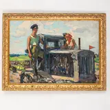 Volochysk, 1912 - Kiev, 2002 / Lavoratori sul trattore by Isaak Iosifovich Tartakovskiy, oil on cardboard, offered Jul 2022