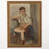Klimovitsa, 1891 - Uzhgorod, 1955 / Ritratto di bambino sulla sedia / Firmato Erdely e datato 1951 in basso a sinistra by Adalbert Mykhaylovich Erdely, oil on canvas, offered Jul 2022