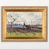 Olexandr Grigorovich Maksimenko, Vilkhovatka, 1916 - Kiev, 2011 / Il trattore nel campo, oil on cardboard