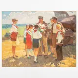 Novaya Greblya, 1935 / Incontro tra pionieri e mietitrici / Firmato Bessaraba e datato 1974 in basso a destra by Leonid Bessaraba, oil on canvas, offered Jul 2022