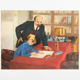 Verkhodvre, 1916 / Lenin con una bambina che studia / Firmato Abutkova in basso a destra by Natalya Vsevolodovna Abutkova, oil on canvas, offered Jul 2022