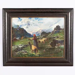 Cesare Gheduzzi, Crespellano, 1894 - Torino, 1944 / Paesaggio di montagna con contadina / Firmato C Gheduzzi in basso a destra, oil on panel