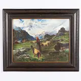 Cesare Gheduzzi, Crespellano, 1894 - Torino, 1944 / Paesaggio di montagna con contadina / Firmato C Gheduzzi in basso a destra