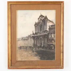 Palermo, 1895 - 1966 / All'uscita dalla chiesa di Santa Maria / Firmato A Catti in basso a sinistra by Aurelio Catti, mixed media on cardboard, offered Oct 2022