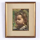 Luca Postiglione, Napoli, 1876 - 1936 / Viso di bimba con ciliegie / Firmato L Postiglione in basso a sinistra, oil on cardboard telato