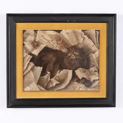 Stanislao Lepri, Roma, 1905 - Parigi, 1980 / Gatto tra i libri / Firmato S Lepri in basso a destra, oil on paper applicata on canvas