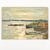 Sergey Ivanovich Grosh, Brazhyntsi, 1911 - Kiev, 1990 / Marina con barche in secca / Firmato Grosh e datato 52 in basso a destra, oil on compensato