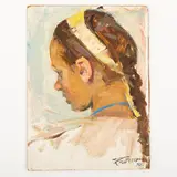 Zhitomyr, 1914 - 1984 / Profilo di bambina / Firmato Koshtelanchuk e datato 70 in basso a destra by Leonty Pylypovich Koshtelanchuk, oil on cardboard, offered Oct 2022