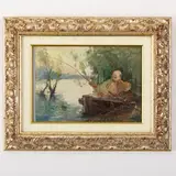 Kalavtsi, 1890 - 1984 / Lenin a pesca / Firmato F Konovalyuk e datato 1956 in basso a sinistra by Fedir Zotikovich Konovalyuk, oil on cardboard, offered Oct 2022