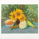 Olexandr Grigorovich Maksimenko, Vilkhovatka, 1916 - Kiev, 2011 / Natura morta con girasole / Firmato O Maksimenko in basso a destra, oil on cardboard