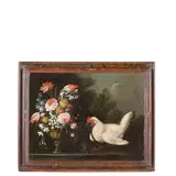 Giuseppe Pesci, Natura morta con fiori e gallina / Natura morta con fiori e coniglio bianco, oil on canvas