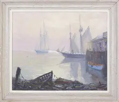Charles Stepule, Two Sloops at Sunset, Oil on Canvas