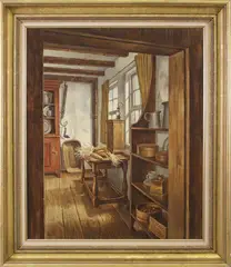 Kitchen Fall Harvest Scene by Alfred Brule, Oil on Board, offered Apr 2024