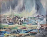 Lobsterville by Louis Fusari, Oil on Board Mid Century Modern Coastal Village Scene Painting, offered Aug 2024