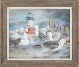 Seagulls and Fog at Sankaty Lighthouse by John Oliver Sharp, Tempera on Board, offered Aug 2024