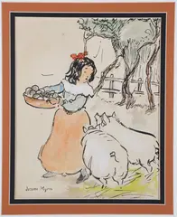 Jerome Myers, Portrait of Young Girl with Harvest Bowl of Truffles and Two Attentive Pigs, Watercolor