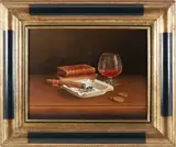 Jean Marie Daneis, Still Life with Cigar and Cognac, Oil on Canvas