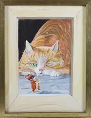 Portrait of a Sleepy Cat and Mouse by George Davis, Oil on Canvas, offered Aug 2024