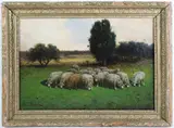 Herd of Sheep Grazing in Pastoral Landscape by Charles T. Phelan, Oil on Canvas, offered Aug 2024