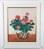 Andrew Shunney, Coral Geraniums in a Wicker Basket Still Life