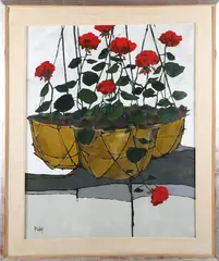Hanging Geranium Flower Basket by Roy Bailey, Oil on canvas, offered Aug 2024