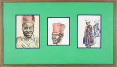 Peter Hurd, Three Studies of West Africans and Pakistanis, Pen and Ink with Watercolor