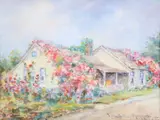 Sconset Rose Covered Cottage by Lillian Gertrude Smith Rockwood, Watercolor on Paper, offered Aug 2024