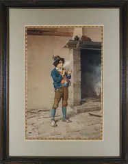 Filippo Indoni, Young Boy Smoking a Pipe, Watercolor on Paper