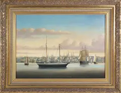 The Schooner Polly in Newburyport Harbor by Brian Coole, Oil on Board, offered Aug 2024