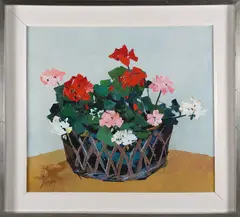 Geraniums In A Wicker Basket by Andrew Shunney, Oil on Canvas, offered Aug 2024