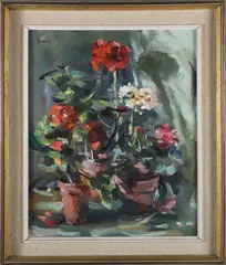 Geraniums in Three Clay Pots by Andrew Shunney, Oil On Canvas, offered Aug 2024