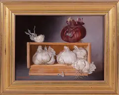 Irmgard Arvin, Still Life with Aliums, Garlic and Red Onion, Oil on Board