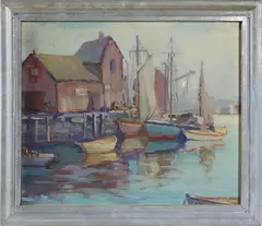 Fishing Boats Docked by Arthur Norman Davis, Oil on Board, offered Jul 2023
