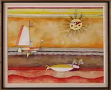 John F. Lochtefeld, Sailing Amongst Two Whales, Oil on Masonite