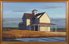 House with Porch by Joan Albaugh, Oil on Panel, offered Dec 2023