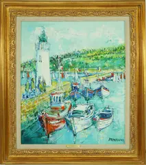Yolande Ardissone, Boats Moored Near Lighthouse, Oil on Canvas