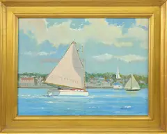 Catboat Off the Yacht Club Nantucket by William Lowe, Oil on Linen, offered Apr 2023