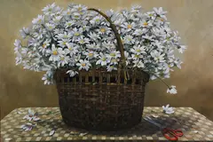 Table Top Basket Of Daisies by Roy Bailey, Oil on Board, offered Apr 2023