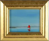 Robert Stark Jr., Lone Red Sail Off Headland, Oil on Canvas
